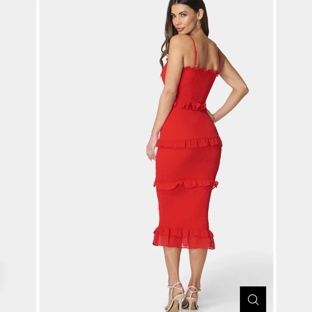 bebe Red Ruffle Midi Dress - Picture 2 of 4